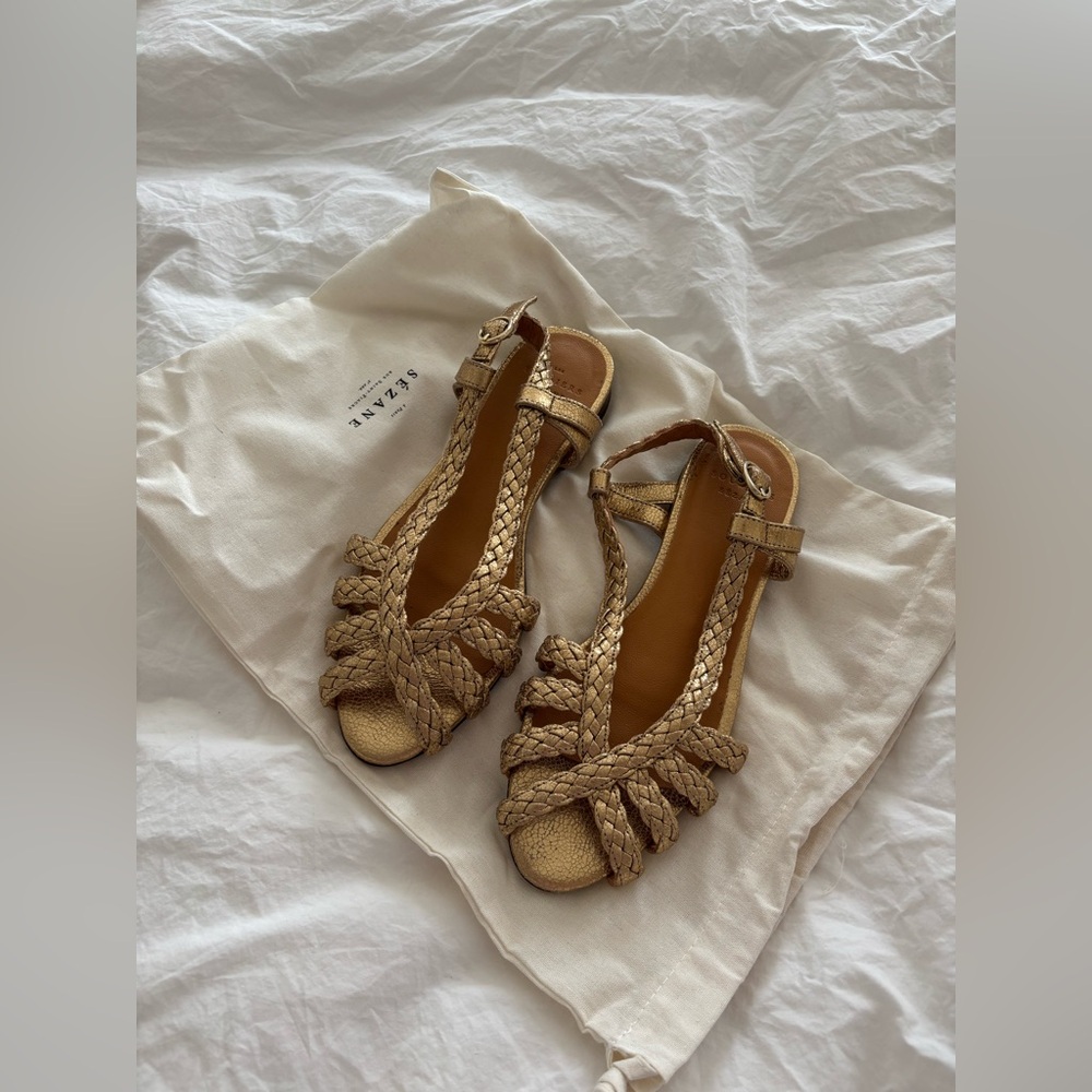 Sezane Gold Braided Sandals Natacha low leather